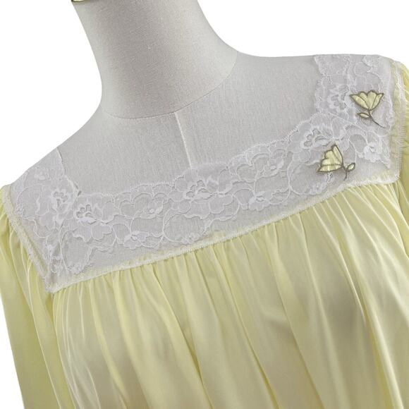 Vintage 90s Lucie Ann Buttercup Yellow Nylon Tulip & Lace Maxi Nightgown Size S - Picture 3 of 12